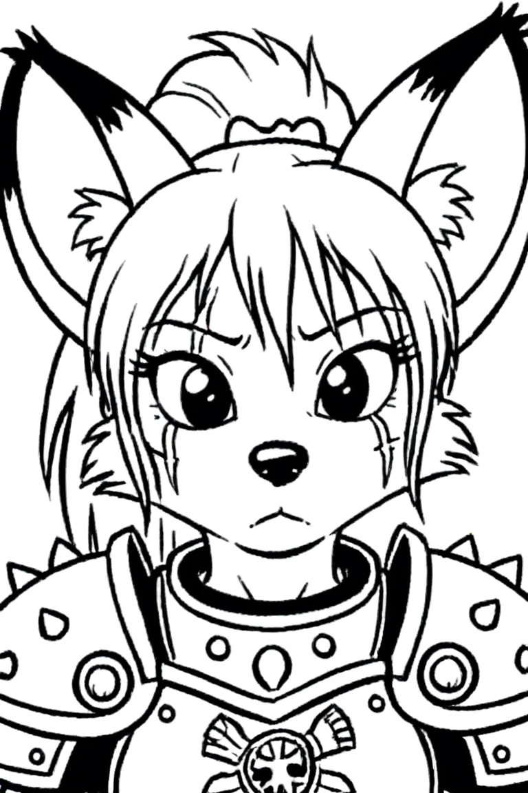 warhammer armor, face scar, 
1girl, solo, dwarf, fox, black eyes, spiked tuft, hair tuft, ponytail, big hair, pointy nose, black nose, black paws, black and white, white background,
<lora:Millie_from_Ozy_and_Millie_90_style:0.9>