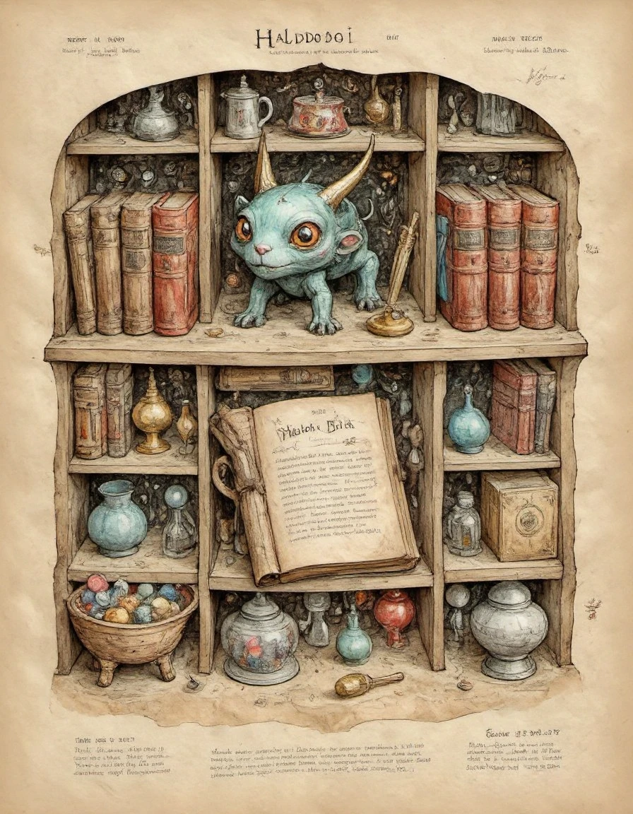 old parchment colored and annotated illustration of the weirdest big-eyed and horned little colorful creature I found between the books on my old bookshelf. I called it a "Haldodoi". Here's an illustration of the creature as I found it among heavy leather-bound classic books such as Moby Dick and the collected works of Shakespeare