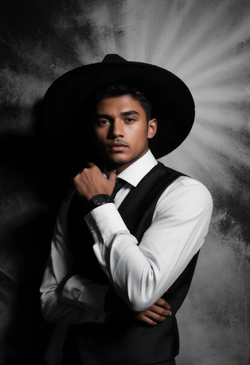 Contemporary portrait photograph, fashion editorial style. Male figure in black wide-brimmed hat, white dress shirt, and dark vest. Model poses against dramatic black and white gradient background with a powdery, radiating texture effect, creating a striking contrast. Artful play of shadows and light emphasizes the sophisticated and moody atmosphere. High-resolution and expertly lit, evoking a sense of modern elegance and boldness.