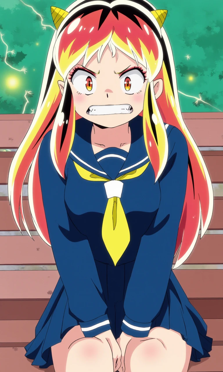 solo, solo, lum_flux, lum, long hair, yellow hair, red hair,, multicolored hair, cone horns, serafuku, school uniform, blue shirt, long sleeves, blue skirt, pleated skirt, yellow neckerchief, sailor collar, sitting, looking at viewer, angry, clenched teeth, park bench, outdoors, electricity