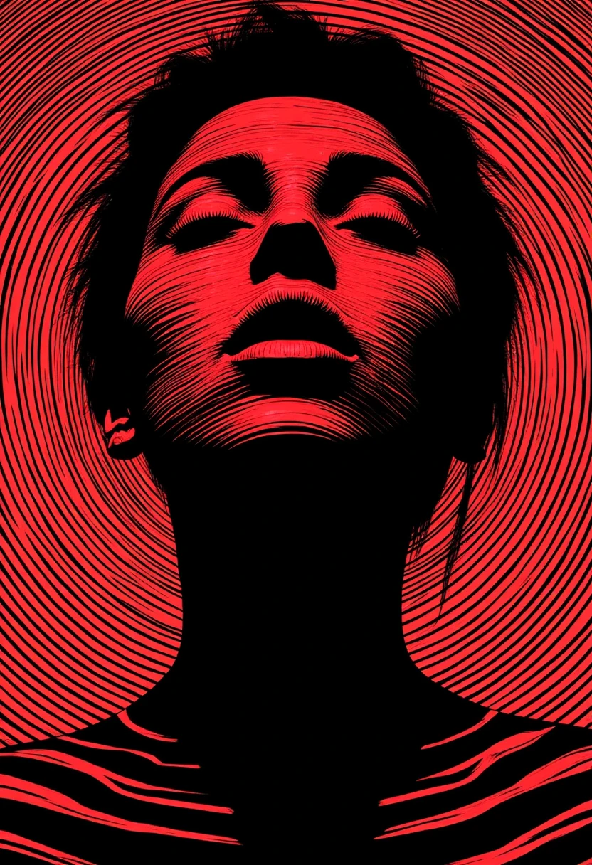 Vector Poster Art, Two Toned Red and black, Closeup Portrait, Monochrome, Closeup Portrait of a minimalism surreal Silhouette Striped poliosis woman with and orgasmface and an earth-like halo in front of a Striped space universe embedded in a grignani inspired monochrome with greyscale lines, an Image completely made of bold thick lines, perfectly aligned, a 3d Illusion Made of line in the whole Art piece Like its one in black and white deep lined and striped space