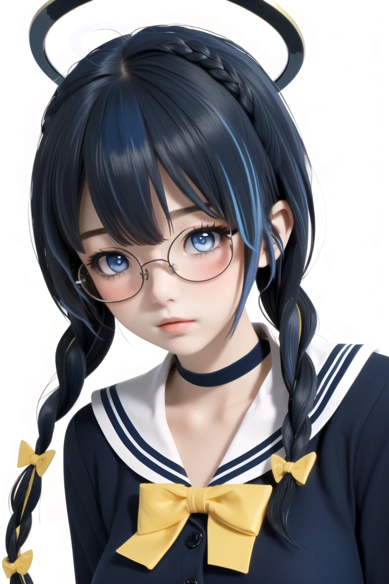 1girl,solo,glasses,halo,braid,sailor collar,multicolored hair,twin braids,blue hair,school uniform,breasts,bow,large breasts,white background,upper body,blue eyes,blush,looking at viewer,simple background,long hair,black hair,yellow bow,bangs,serafuku,two-tone hair,bowtie,collarbone,closed mouth,shirt,black-framed eyewear,blue sailor collar,white shirt,yellow bowtie,