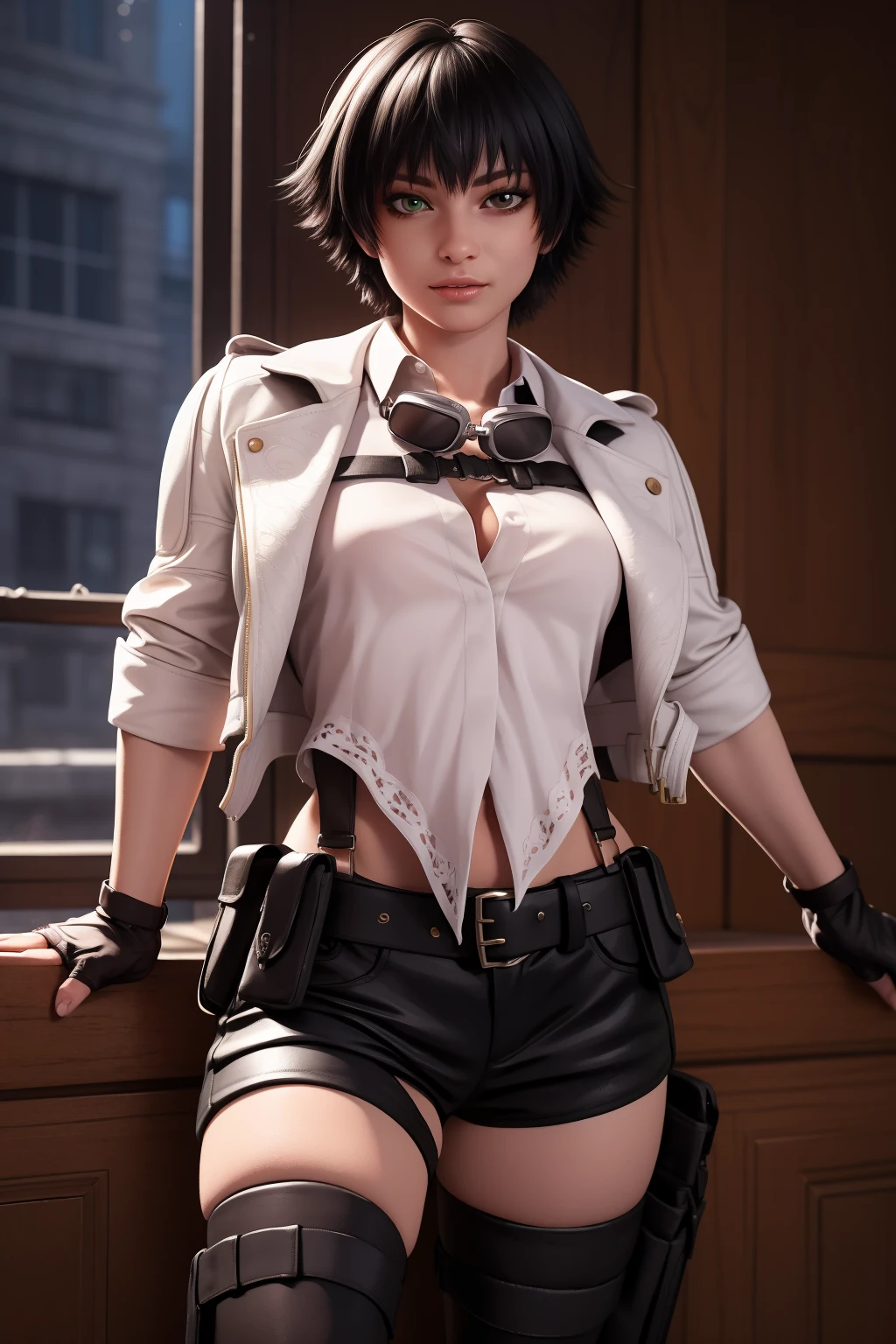 Best_QualityPos, RAW photo, intricate details, best quality, 8k uhd, soft lighting, 1girl, solo, dmc_lady, short hair, black hair, bangs, heterochromia, red eyes, green eyes, goggles, goggles around neck, white shirt, white jacket, long sleeves, sleeves rolled up, gloves, fingerless gloves, black shorts, belt, holster, thighhighs, thigh holster <lora:DMC_Lady:0.6>