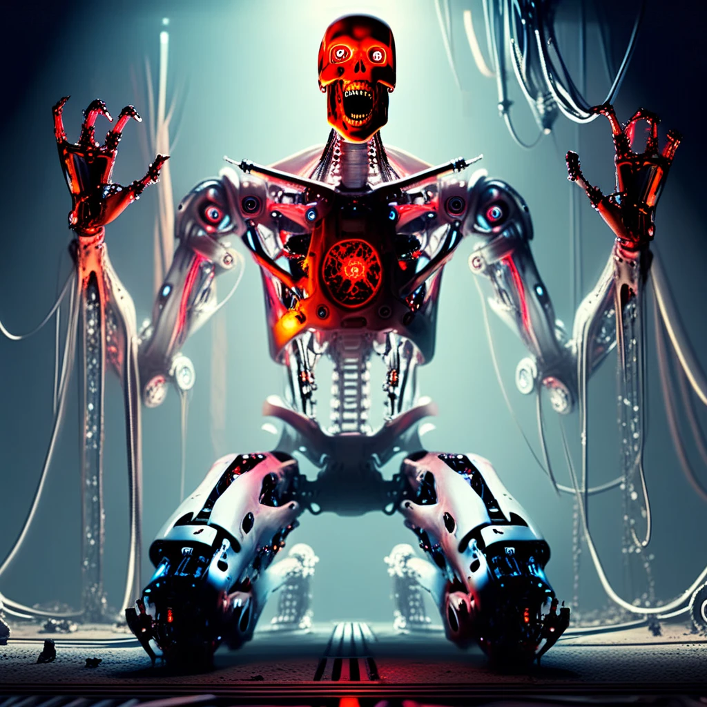 humanoid robot, on one knee, robot joints, full body, mechanical parts, solo, no humans, bald, glowing red eyes, looking away, skull nose, open mouth, teeth, mechanical arms, mechanical hands, open hands, mechanical fingers, mechanical legs, mechanical feet, horror (theme)