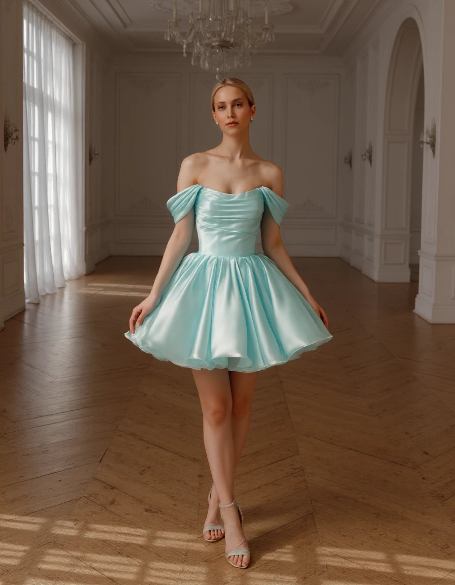 girl tease pose in the great hall, blonde hair bun, girl wear <lora:Fiorelia Evening Dress_epoch_20:1> dress, bare shoulders, realistic, off shoulder, high heels, strapless, strapless dress, off-shoulder dress, blue dress,