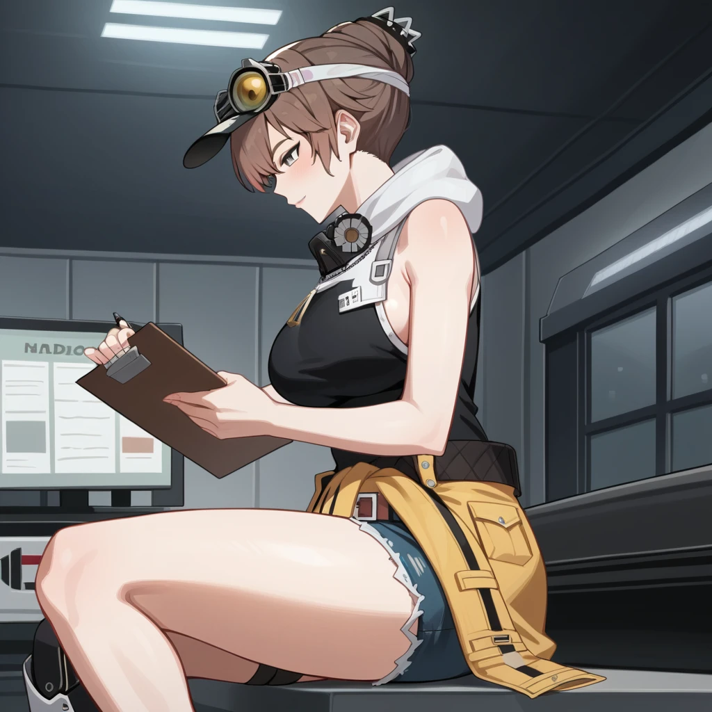 score_9_up, score_8_up, score_7_up, source_anime, masterpiece, best quality, 1girl, solo, Bridget_PGR, Brid_Alt, ceiling light, spacious garage, sitting on floor, near car, bend knees, holding clipboard, clipboard on lap, holding pencil, pensive, looking at clipboard, from side, brown hair, short hair, single hair bun, goggles on head, goggles, peaked cap, tank top, black shirt, mas under neck, hood down, denim shorts, jacket around waist, yellow jacket, belt, bare shoulders, asymmetrical legwear, single mechanical leg, mechanical arms, white hood, sideboob, hair ornament, mature body, dynamic cowboy shot, indoors, mechanic garage background