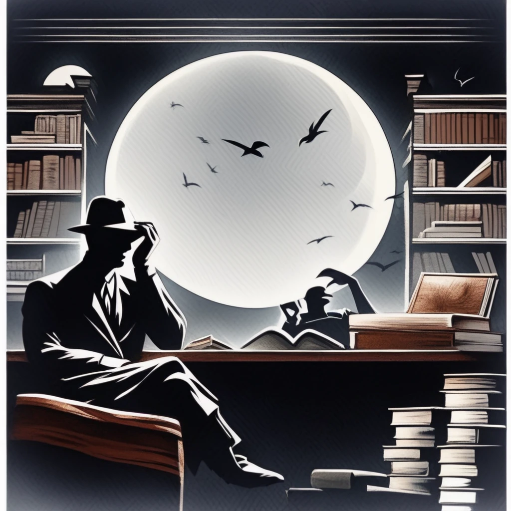 p4int3dn0ir art style, crossed legs, moon, bird, sky, book, skirt, hand on headwear, 1boy, board game, indoors