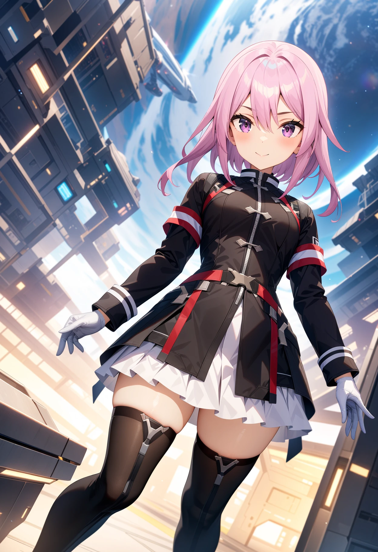 masterpiece,best quality,very aesthetic,absurdres,intricate details,rim light,1girl,
<lora:yotsuyu_v1.1:1>,yotsuyu,black jacket,white gloves,black thighhighs,black footwear,<lora:Fixhands_anime_bdsqlsz_V1:1>,
light_blush,smile,Space Station,starry_sky,flying,looking_at_viewer,cowboy_shot,, masterpiece,best quality, very aesthetic, absurdres, ultra detailed, high resolution, 4k, extremely detailed CG,