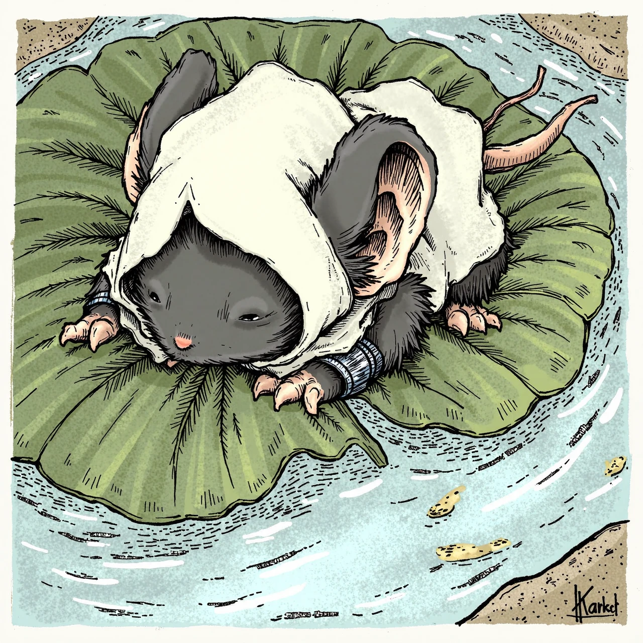 Hand drawn illustration of a black mouseguard mouse wearing a white hooded cloak, laying on their back sleeping on a large leaf that is gently floating down a stream