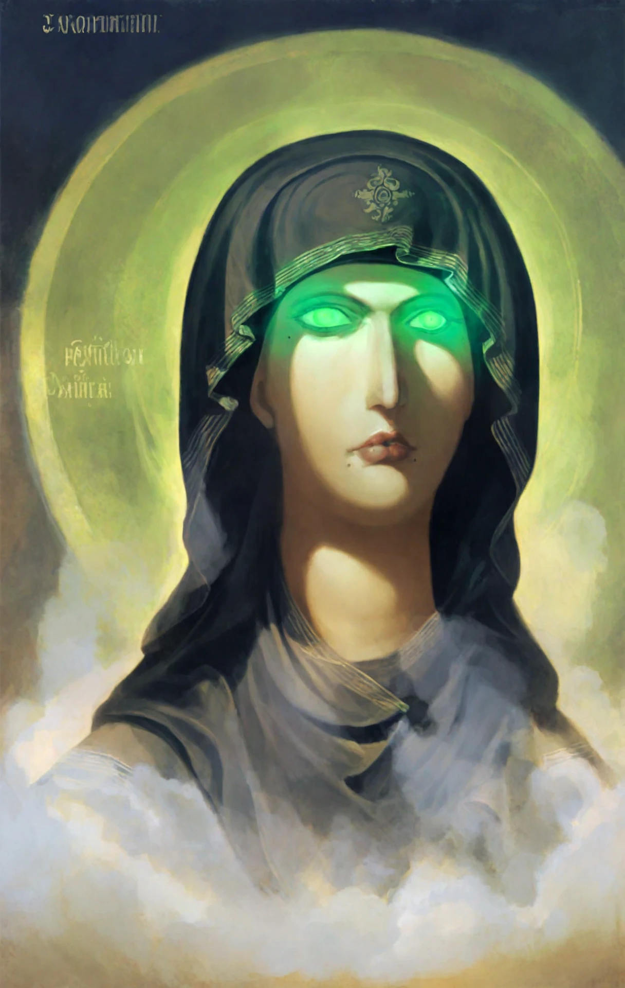 <lora:orthodox-icons_pony_v3:1> ' uncensored ' a orthodox icon created in 1700,icon \(genre\),eastern orthodox \(style\),the image is a religious icon featuring  an image of a woman with green eyes , 1girl,  solo, long hair, black hair, mole, lips, glowing, lipstick, mole under mouth, glowing eyes, sensitive, laser,light ray, sun ray, score_9, score_6_up, score_7_up