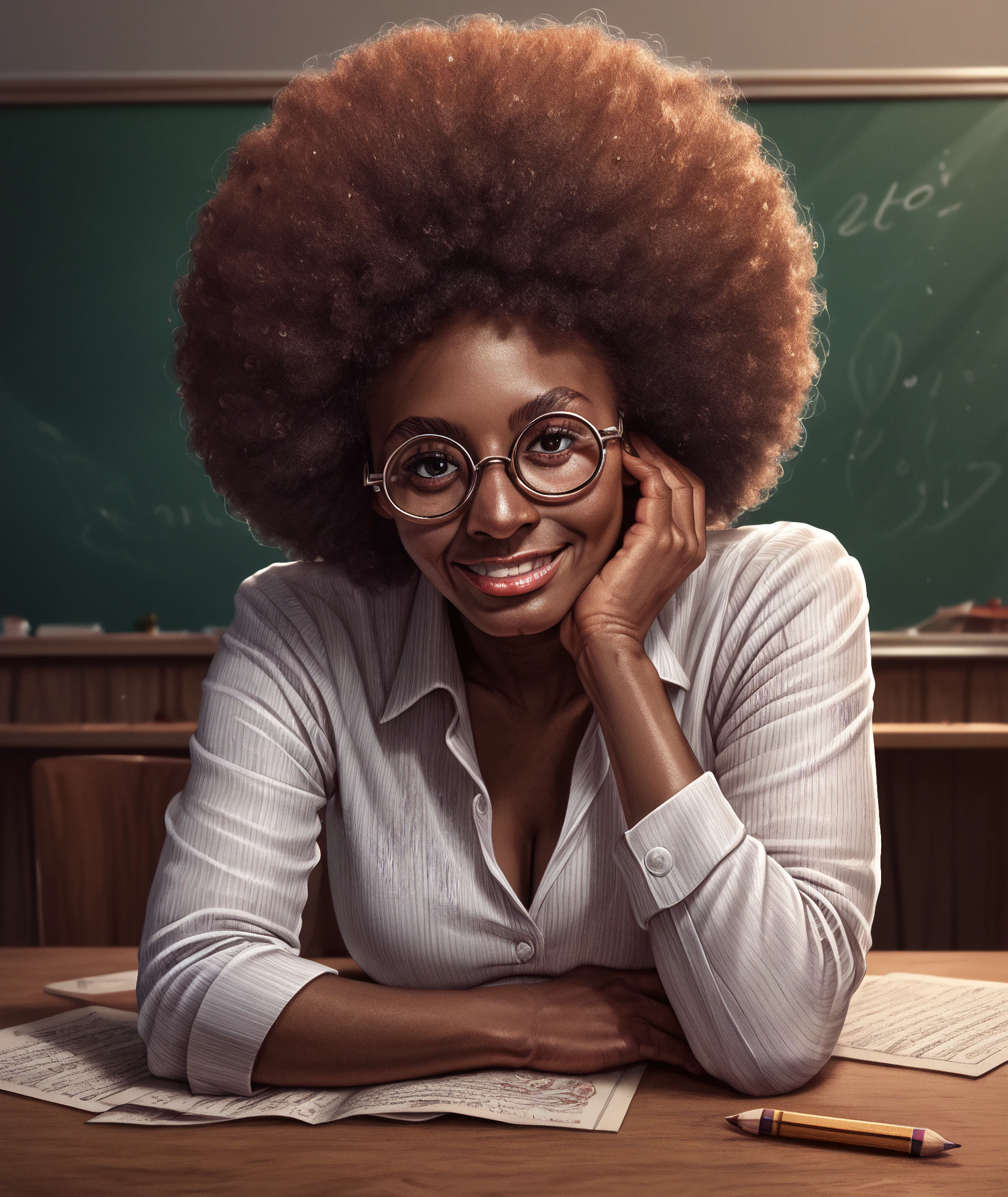 score_9, score_8_up, score_7_up, score_6_up, score_5_up, score_4_up, a highly detailed painting of a black woman, 1 woman, black woman, dark skin, high school teacher, large round afro, (light red hair), hair focus, pencil shirt and blouse, in class sitting at her desk, chaulkboard, bokah, high heels, very attractive and shapely, milf, glasses, small smile<lora:detailed_notrigger>  <loar:Pony_DetailV1.0>  <lora:Black_Woman_v3_e6> <lora:PONYLargeRoundAfro>