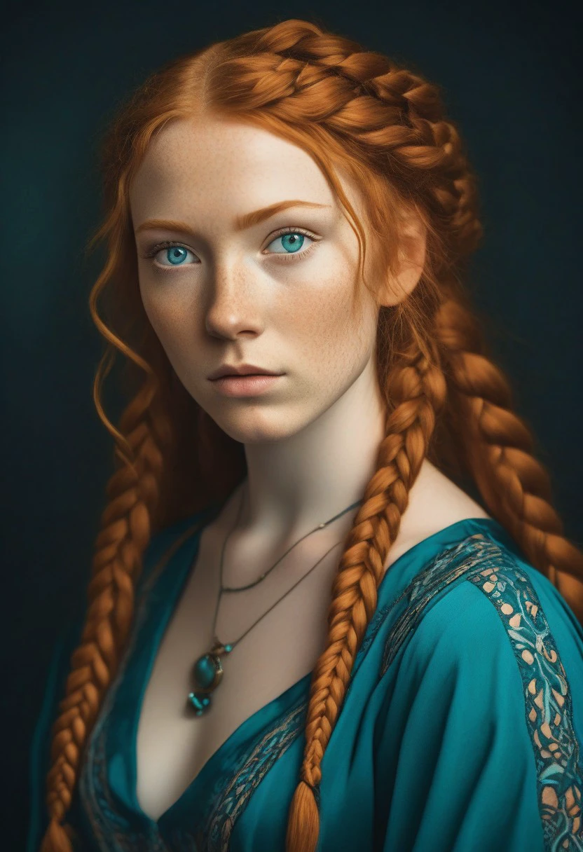 Photograph of a young woman, 18yo girl, ginger hair, complex braids, blue eyes, perfect eyes, (bell sleeve dress, teal), clothed, NSFW, detailxl, deep cleavage, hyperrealistic , dynamic pose