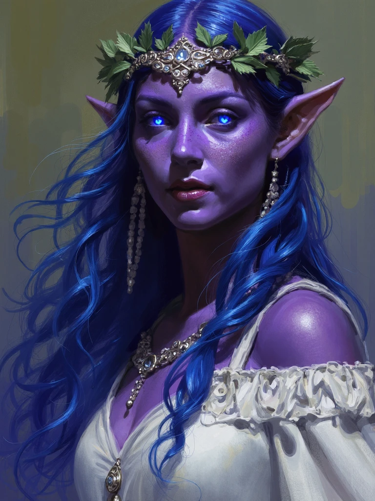 snmngsnr style, painting, elf queen with dark purple skin with semi-translucent dotted texture and glowing cyan eyes, she have long blue hair, she wearing white dress with silver ornaments and head wreath made of leaves and silver weaving strings, <lora:SXZ_Sanmingsnari_Flux:1>