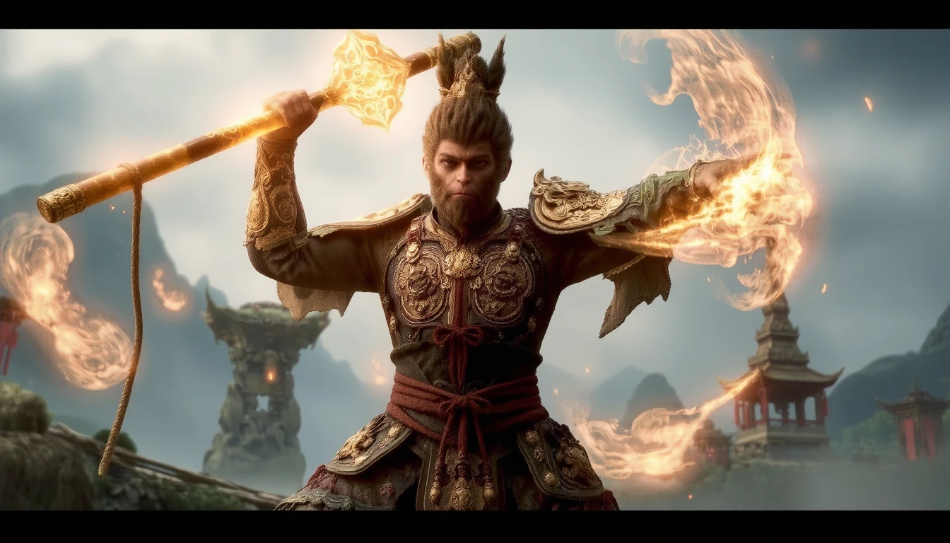 A breathtaking cinematic wallpaper of Wukong, the Monkey King, in a dynamic pose. Ethereal golden light surrounds him as he wields his magical staff. Swirling clouds and energy patterns flow around him in vibrant hues. Hyper-detailed fur and armor textures. Epic scale landscape in the background with floating mountains and ancient Chinese architecture. Dramatic lighting and color palette inspired by Chinese mythology. Ultra-high resolution, photorealistic rendering with cinematic depth of field.