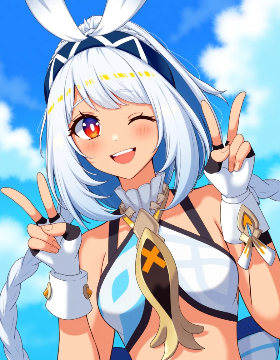 Mualani from Genshin Impact. This image is a digital anime-style drawing featuring a young female character with a playful expression. She has a fair complexion and shoulder-length, white hair adorned with bunny-ears-like bow and a headband. Her eyes are a striking, vibrant red, and she winks at the viewer. She is dressed in a revealing, futuristic outfit that includes a black and white crop top with a large, gold cross pendant in the center, and matching fingerless gloves. The outfit also features blue and white accents, adding a sense of style and color contrast. She is making peace sign with her right hand and her left hand, adding to her cheerful demeanor. The background is a bright, clear blue sky with fluffy white clouds, suggesting a sunny, outdoor setting. The overall style of the image is vibrant, with bold lines and a smooth shading technique typical of high-quality digital art. The character's pose is dynamic and energetic, capturing her lively and confident personality.
<lora:mualani_genshin_impact_flux_v1:1>