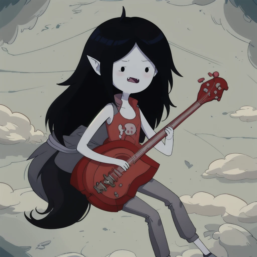 Marceline, Adventure Time, Vampire, dot eyes, red shirt, grey pants, floating in air, black eyes, grey skin, 1girl  <lora:Marciline250_768:0.7> <lora:avt:0.7>