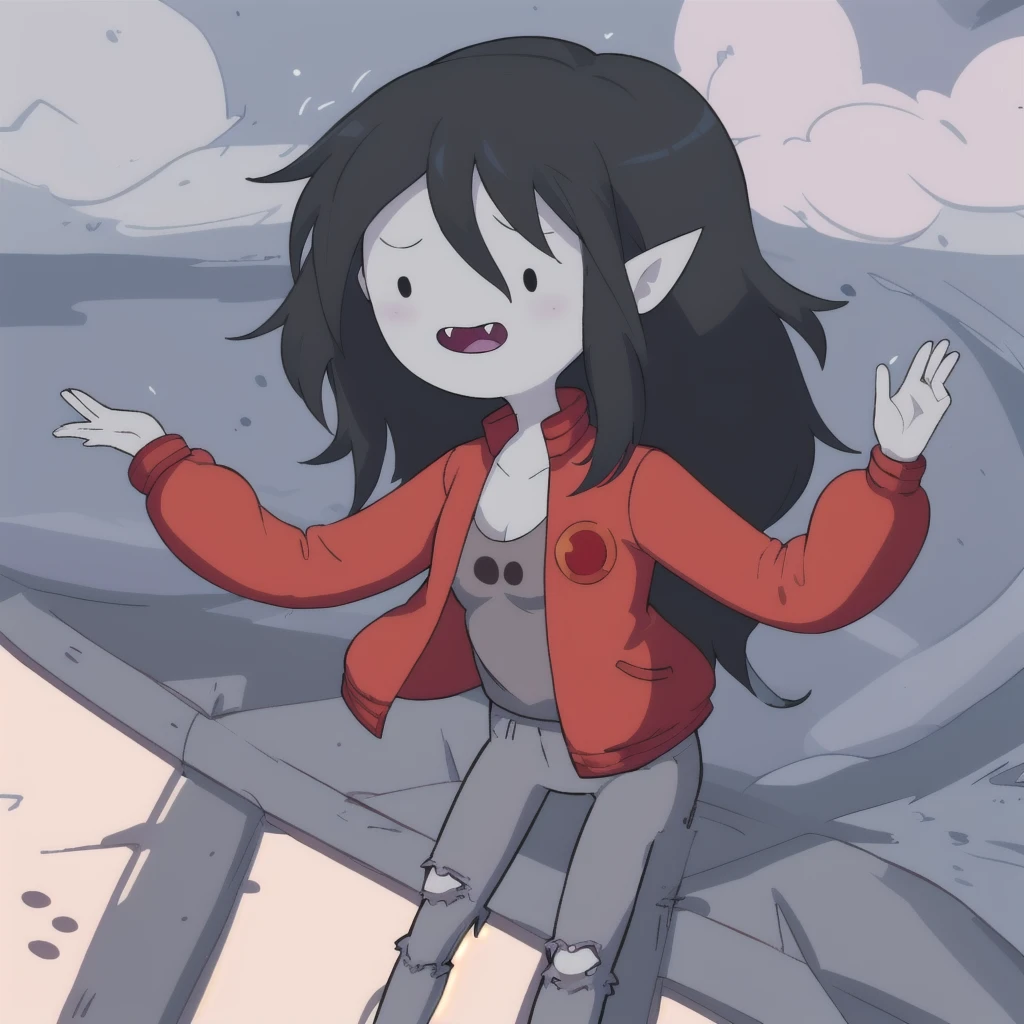 Marceline, Adventure Time, Vampire, dot eyes, red shirt, grey pants, floating in air, black eyes, grey skin, 1girl  <lora:Marciline250_768:0.7> <lora:avt:0.7>