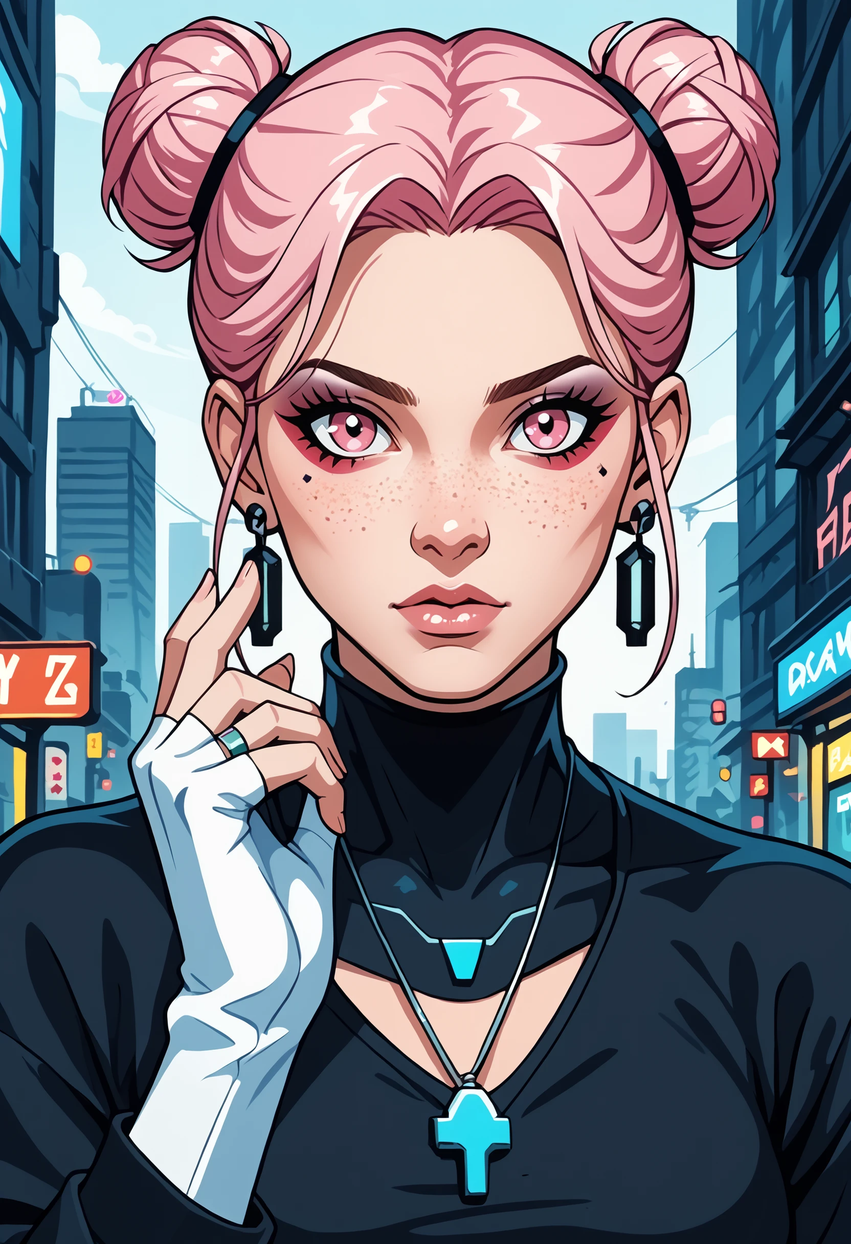 1girl, closed mouth, cyberpunk, double bun, earrings, freckles, glowing, hair bun, hand up, jewelry, lips, looking at viewer, makeup, medium breasts, necklace, nose, outdoors, pink eyes, pink hair, ring, solo, upper body,, Aesthetic_PDXL BREAK PonyXLV6_Scores