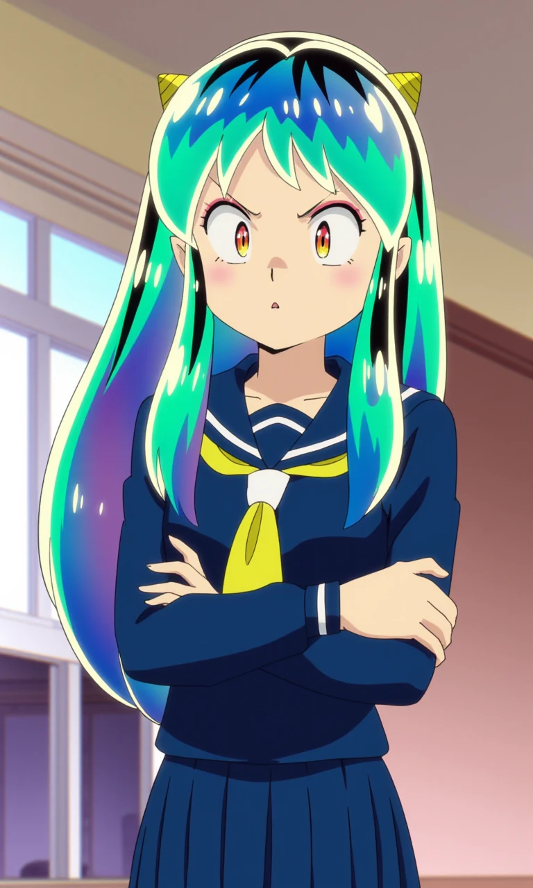 solo, lum_flux, lum, long hair, green hair, aqua hair, multicolored hair, cone horns, serafuku, school uniform, blue shirt, long sleeves, blue skirt, pleated skirt, yellow neckerchief, sailor collar, crossed arms, angry, v-shaped eyebrows, looking at viewer, indoors, classroom, anime screencap, cowboy shot, standing