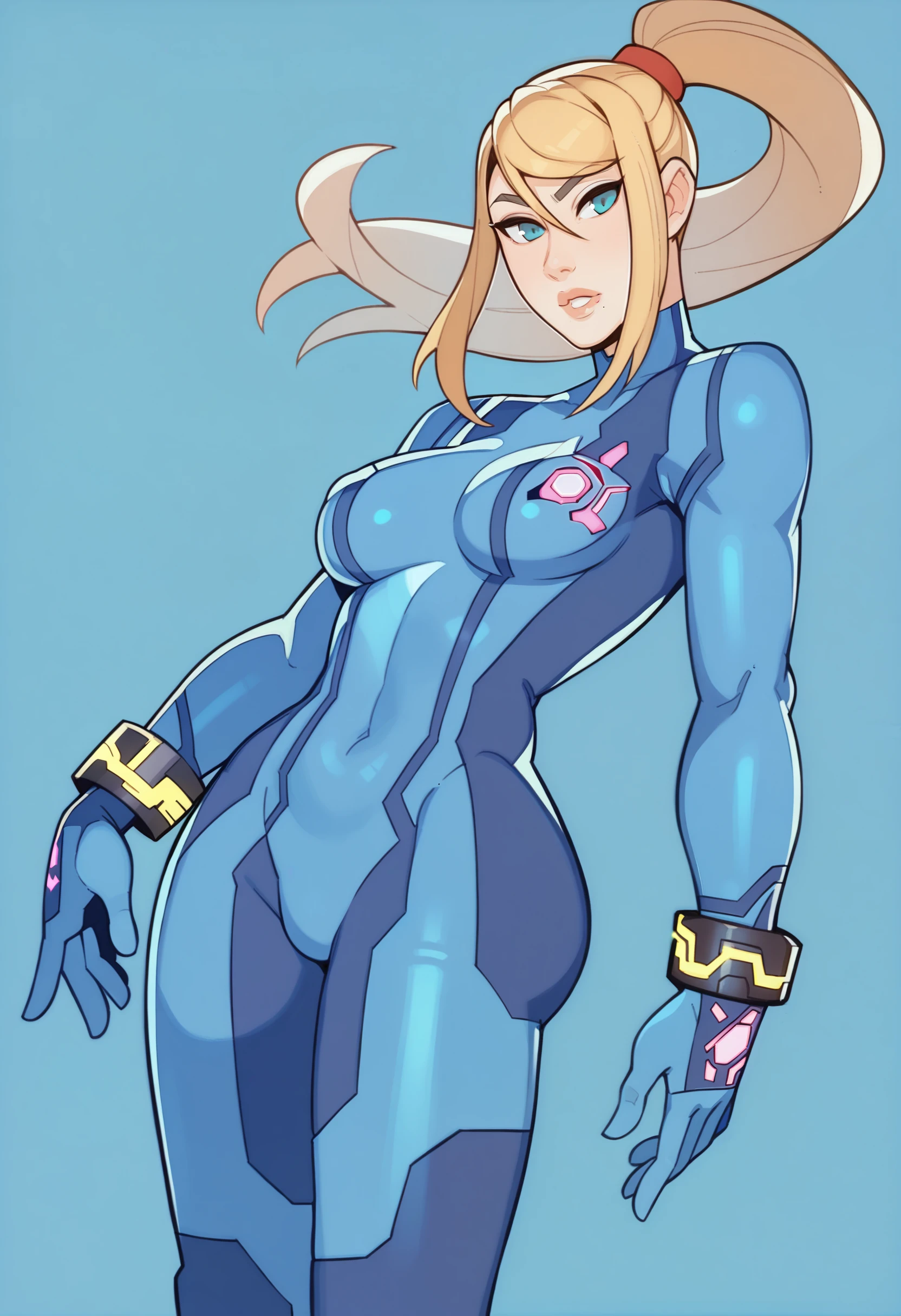 score_9, score_7_up, <lora:splashbrush-guy-PONY-DORAv1:1>, 1girl, solo, samus aran, presenting, bodysuit, blue background, breasts