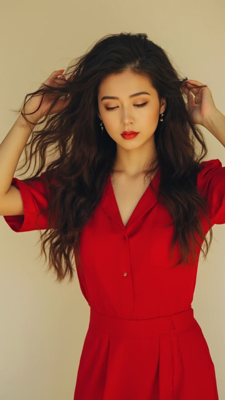 A woman in a red dress is brushing her hair.