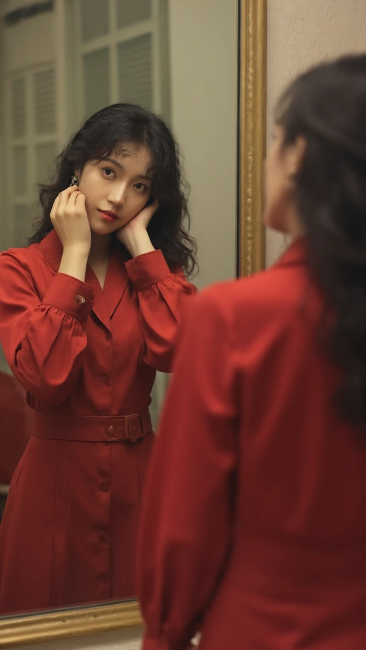 A woman in a red dress is looking at herself in a mirror.