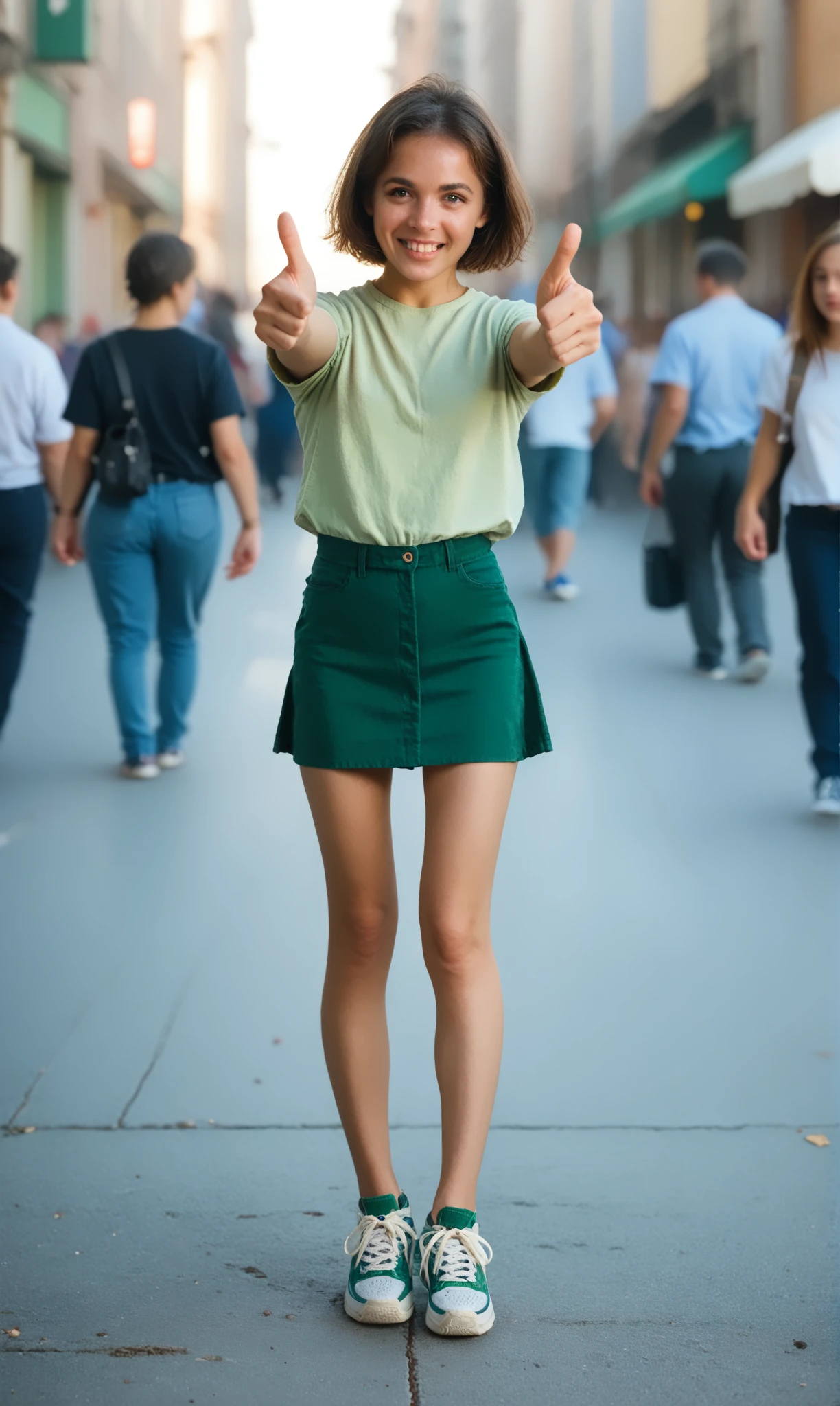 score_9, score_8_up, score_7_up, thumup, 
bohaou, (slim 25yo girl) in green short skirt and green shirt and (sneakers) giving thumb up, with both hands, arms outstretched
in a (crowded pedestrian area).  short brunette hair  
 <lora:ThumbUpPony:1>