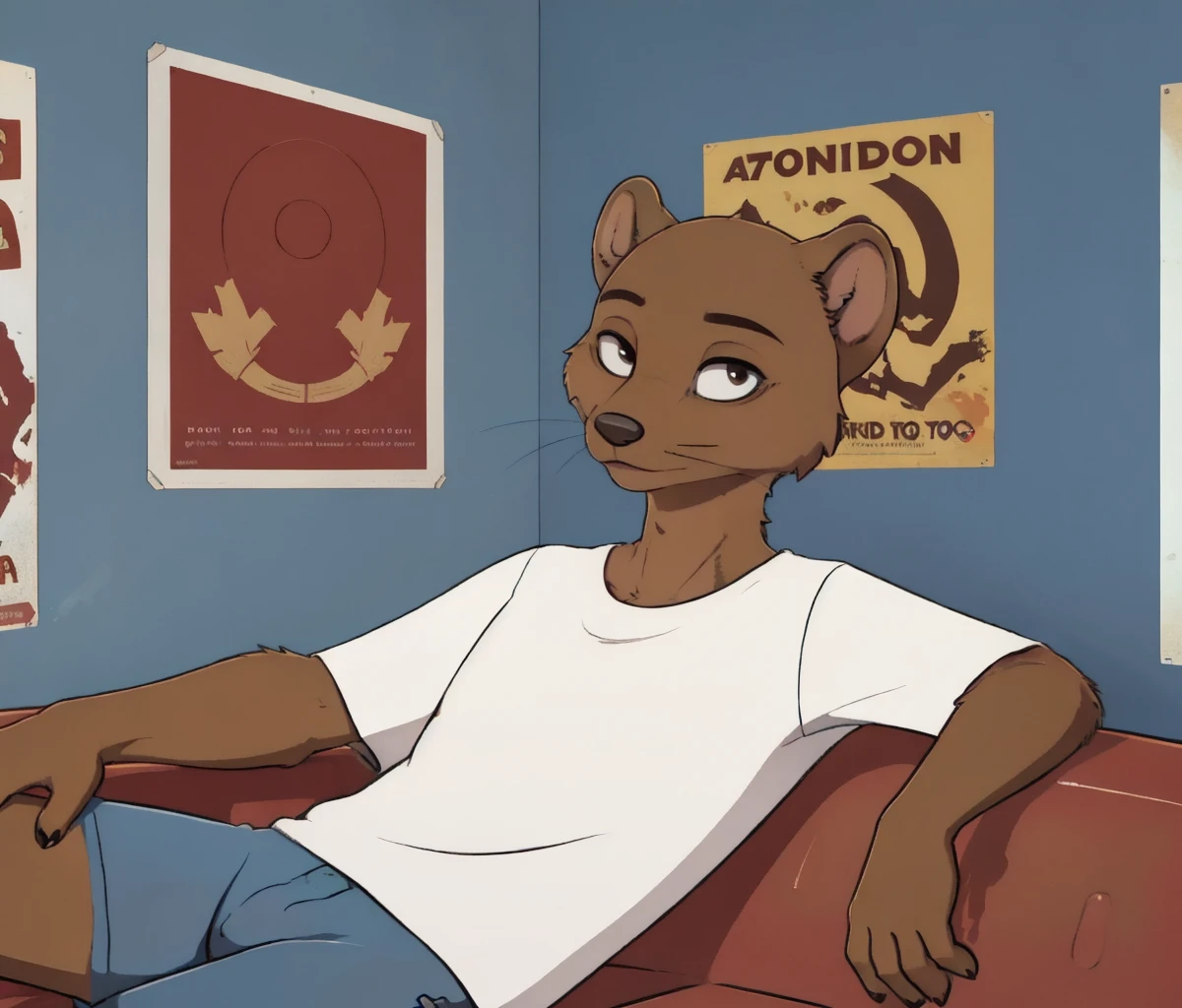 <lora:KaiBS:0.7>, KaiBS, mongoose, anthro, blue shorts, looking at viewer, half-closed eyes, sleepy, inside, apartment, red couch, poster, lounging, on side, sitting, white t-shirt, flat color, simple art style, <lora:add_detail - detail tweaker:-1>