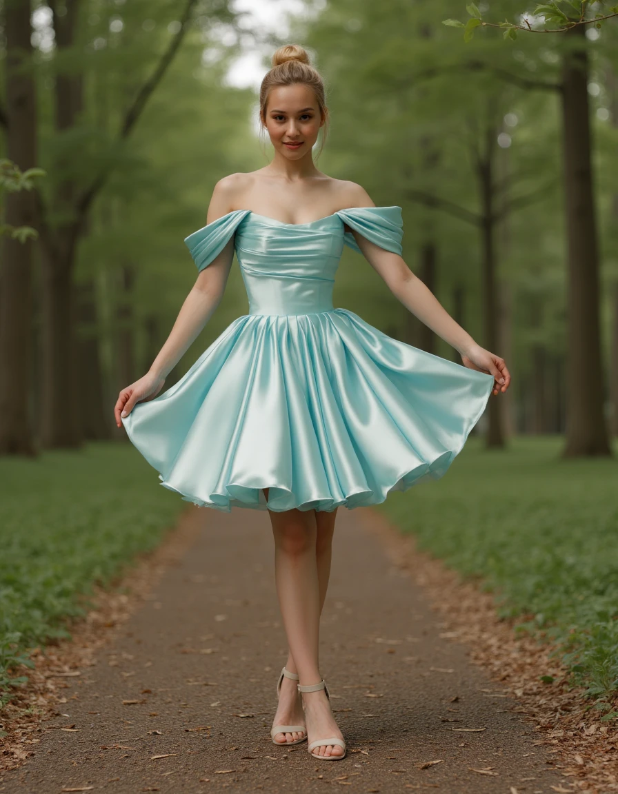 asian girl tease pose in the forest, blonde hair bun, girl wear <lora:Fiorelia Evening Dress_epoch_5:1> dress, bare shoulders, realistic, off shoulder, high heels, strapless, strapless dress, off-shoulder dress, blue dress, short dress,