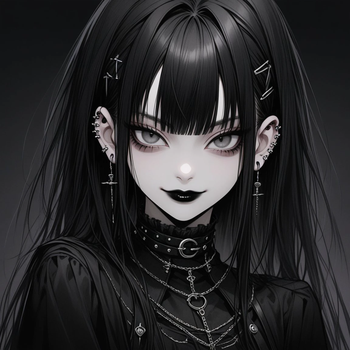 1girl, gothic,  black and white,  cute face ,dark lipstick, eyeliner, ear piercings, dark clothing,  fine details <lora:gothic:0.5>