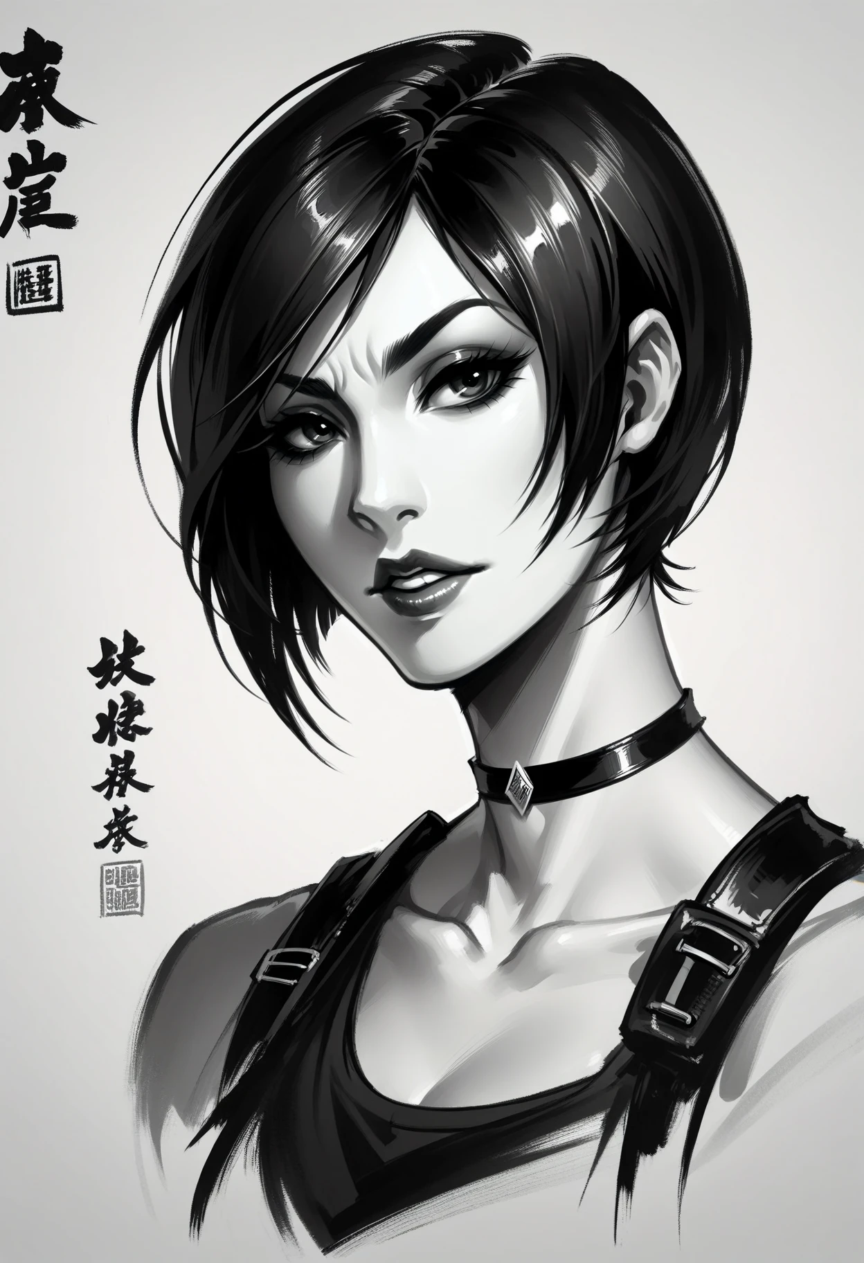 score_9, score_8_up, score_7_up, score_9, <lora:cllgrphy_pdxl_EliPot:1>,
monochrome, chinese text, 
1girl, solo,
ada_wong , resident_evil_4,