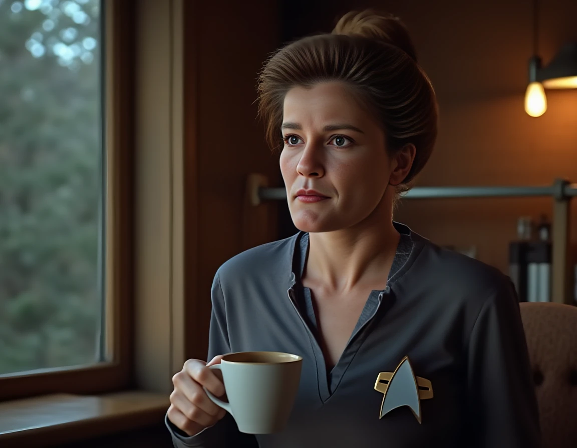 hyperrealistic portrait photo of <lora:janeway-flux:1.3>  kathryn, janeway, star, trek, voyager, with  wearing jeans and a thin v-neck grey sweater, (short haircut parting on the left hair combed back:1.2), detailed face, skin texture, skin imperfections, dimples, drinking coffee, evening, (small rustic cabin in the woods:1.6) on French village, rustic, outside big window, inside lamps light, , UHD, DSLR, insane details, award-winning photo