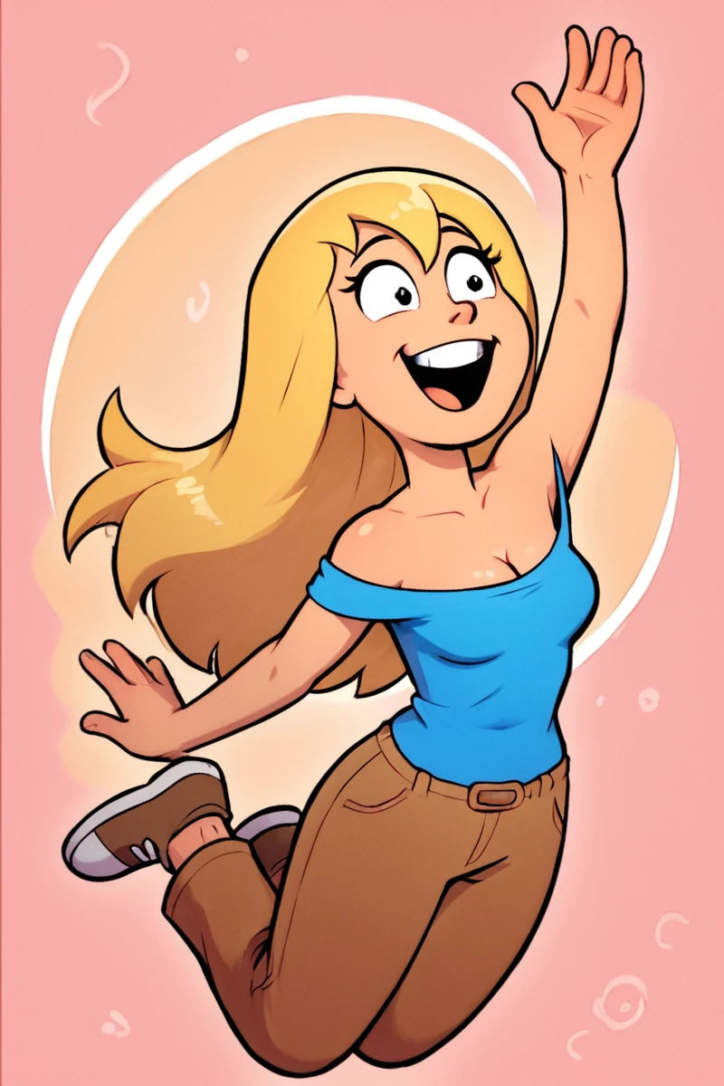 score_9, score_8_up, score_7_up, source_cartoon,
JillianRussell, 1girl, blonde hair, long hair, blue shirt, bare shoulder, cleavage, brown pants, solo,
jumping, jump for joy, fun, happy, abstract background, masterpiece, best quality,
<lora:JillianRussell_PonyXL:0.6>