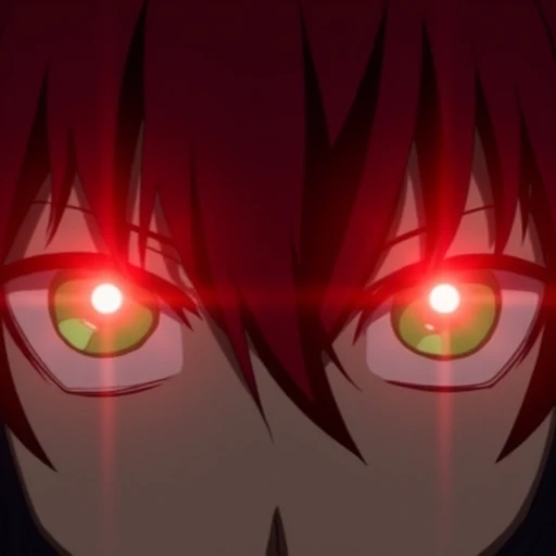 The image is a close-up shot focusing on a character's eyes. The Character is a C0NTR4CT0R from the anime series, Darker than Black. The character has red hair that partially covers their forehead, and their eyes are a light green color with a bright, glowing red light in the center of each pupil. The intensity of the glowing red light suggests that the character might be using a special power or is in an emotionally heightened state. The expression in the eyes appears focused and intense, possibly indicating determination or concentration. The framing of the image, focusing solely on the eyes, emphasizes the importance of this moment and the character's abilities. The minimal background detail directs all attention to the character's gaze, enhancing the dramatic impact of the scene.