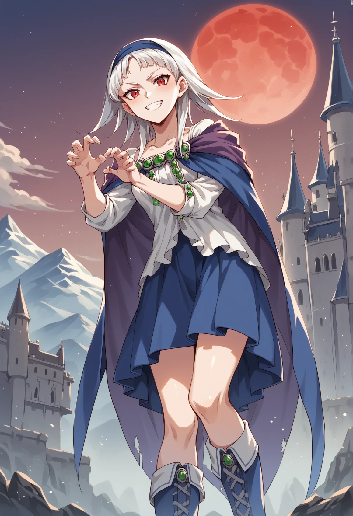 1girl, medium hair, white hair, red eyes, hairband, jewelry, white shirt, cape, skirt, blue skirt, thight boots, outdoors, mountain, castle, red moon, evil smile, claw pose, bent over, from below <lora:Sierra_Mikain_V3:1>, score_9, score_8_up, score_7_up, score_6_up, score_5_up, score_4_up, BREAK source_anime, masterpiece