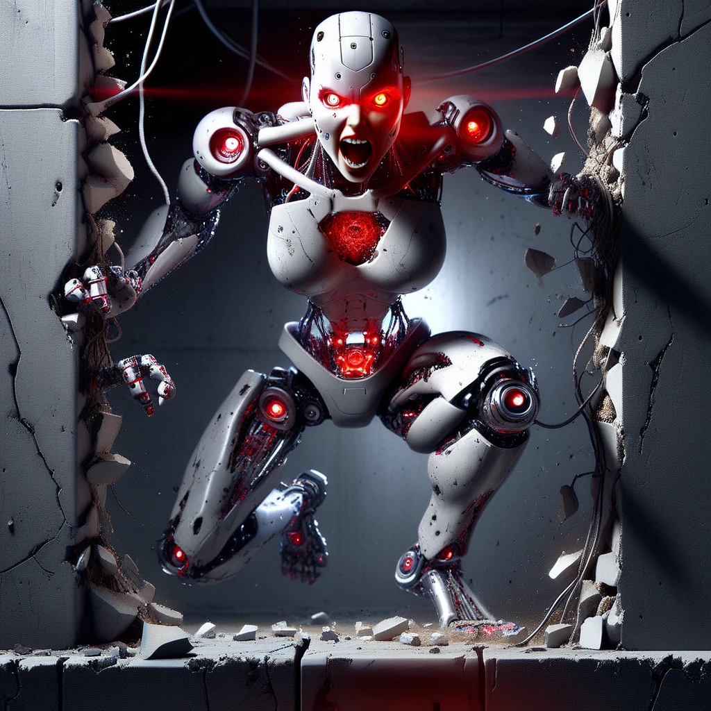 humanoid robot, 1girl, breaking through a concrete wall, robot joints, full body, no humans, mechanical parts, realistic, solo, bald, glowing red eyes, nose, open mouth, teeth, glowing, mechanical arms, mechanical hands, mechanical fingers, clenched fists, mechanical legs, mechanical feet, barefoot, cables, damaged, debris, wires