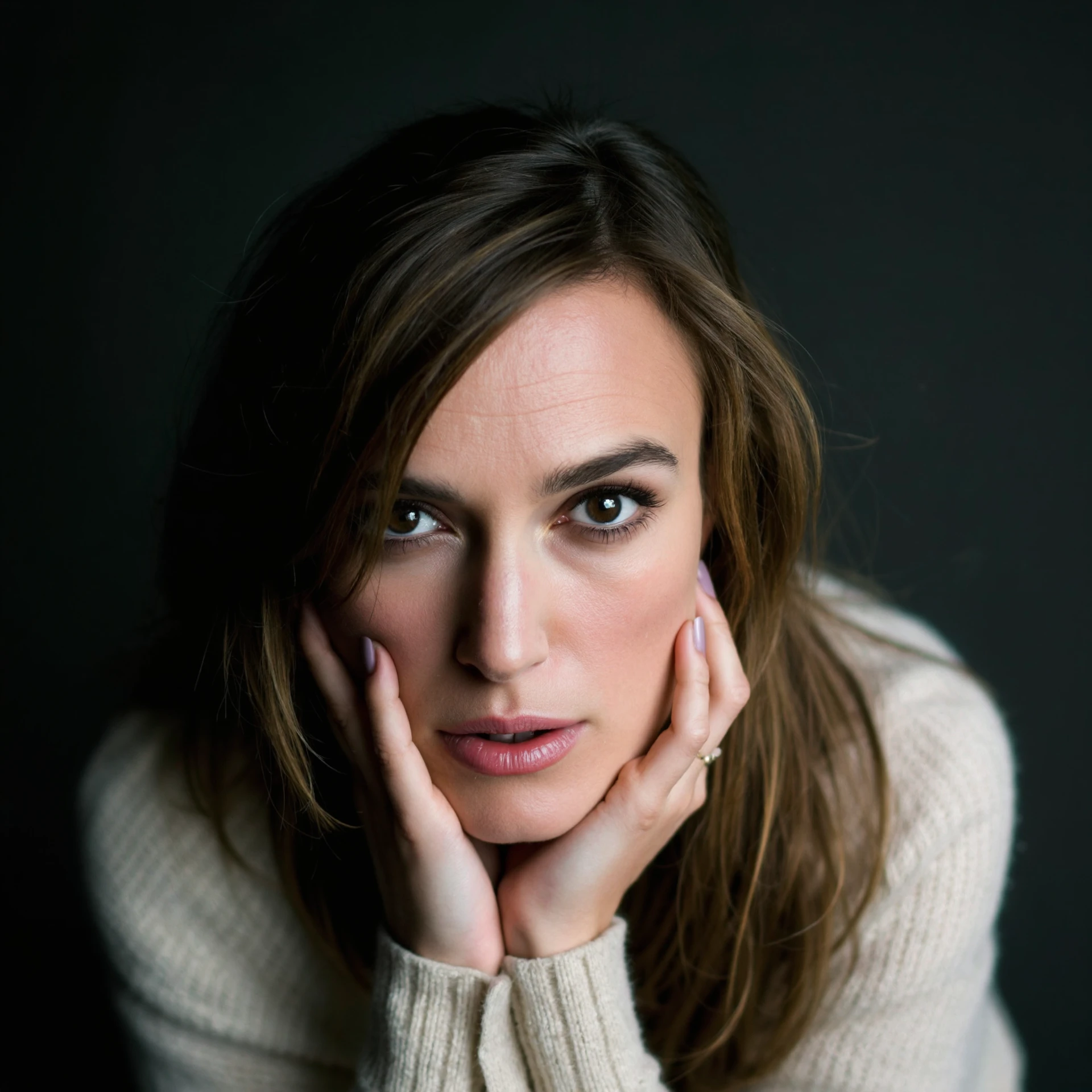 portrait, high res,  woman  keira knightley, soft light. Light sweater, dark background. Bury hands on the chin, having a deep thoughtful look on the face. Clear faces, pores are not enhanced, a touch of makeup. Visible hair strands. Warm, subdued colors. Blurred background. Full-frame camera, wide aperture. Studio lighting for depth. Subtle contouring shadows. Minimal editing, natural appearance. <lora:keira_knightley_r8_1600_flux_lora_v1:1>