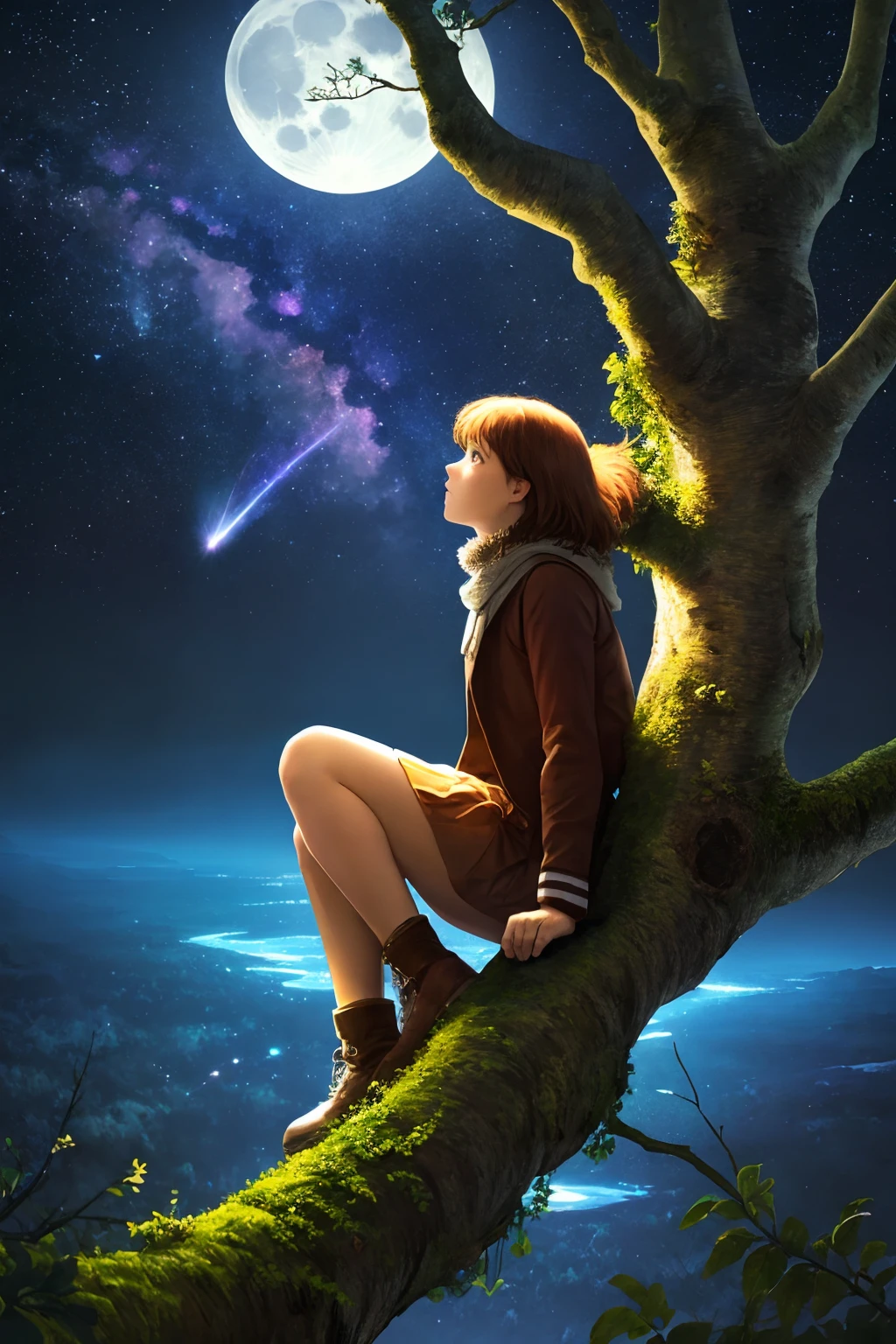 sitting on tree branch, moonlight, stars, nebula,