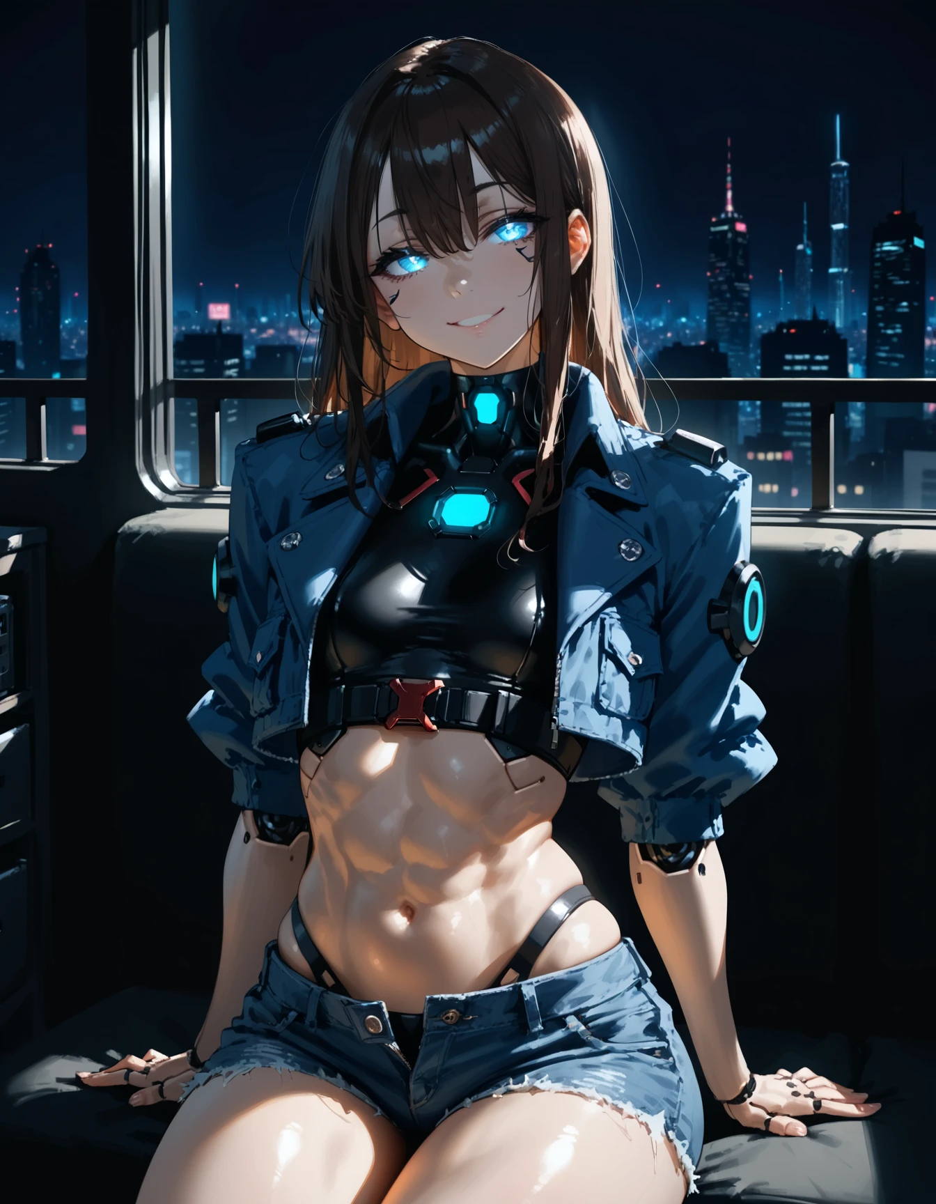 score_9, score_8_up, score_7_up,score_6_up, score_5_up, score_4_up, source_anime,  1girl, solo, looking at viewer, half-closed eyes, furrowed brow, smile, seductive smile, head tilt, short shorts, denim shorts, sitting, hands on lap, bangs, robot girl, thick thighs, mature female, backlighting, cyborg, techwear, cropped jacket, neon lights, neon trim, city lights, bedroom, window, cityscape, eye contact, cyberpunk, clothes pull, glowing eyes, circuit, industrial pipe, indoors, flat chest, long hair, hair between eyes, midriff, obliques, [[[[abs]]]], narrow waist, shiny skin, brown hair, blue eyes, blue theme, toned, android, dark theme, night, dark, shadow, seams, robot joints