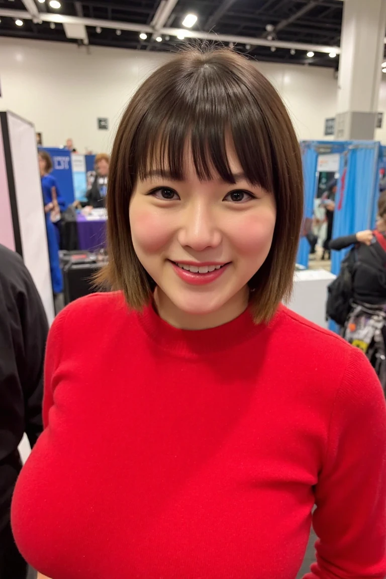 A photo of a 30 year old woman with short hair and bangs wearing a vibrant red sweater smiling at a convention
 <lora:KahoFlux:1>