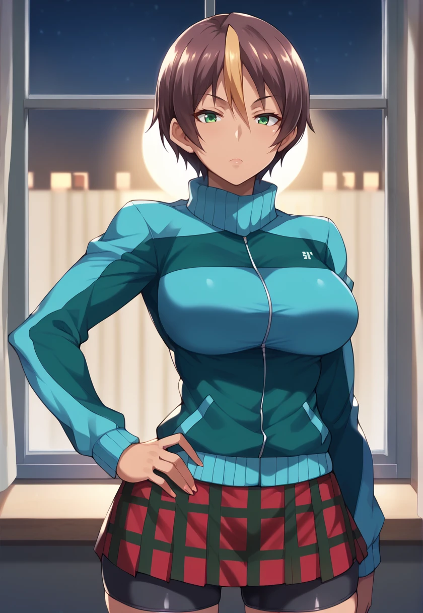 (solo, hand on own hip) ,(indoors, night, window), <lora:akiratoumeNSLT:1> akiratoume, short hair, brown hair, multicolored hair, green eyes, large breasts, tanlines, skirt, bike shorts, jacket, track jacket, plaid skirt, 16k, masterpiece, absurdes, highly detailed, highres, high quality, best quality, score_9, score_8_up, score_7_up, score_6_up, shiny, shiny skin, shiny hair, shiny clothes, looking at viewer, portrait, upper body, close-up,