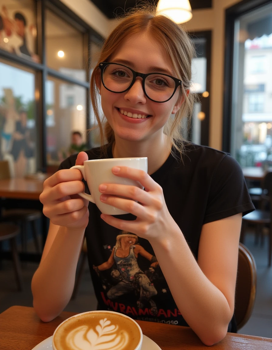 <lora:Myra_Moans:1> realistic photo of  1girl, myramoans, wearing a band t-shirt, glasses,  sitting in a cafe having a coffee, smiling, looking at viewer.