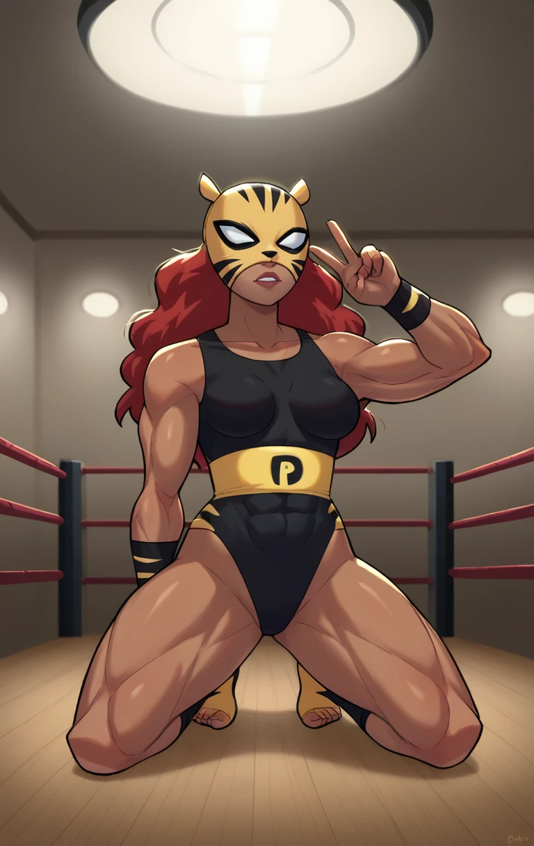 score_9,score_8_up,score_7_up,source_cartoon BREAK <lora:pantha:1>,pantha2003,1girl,solo,long hair,Aurburn_hair,dark skin,dark-skinned female,mask,muscular female,wrestling outfit,black leotard,black shirt,room,room background,kneeling,v