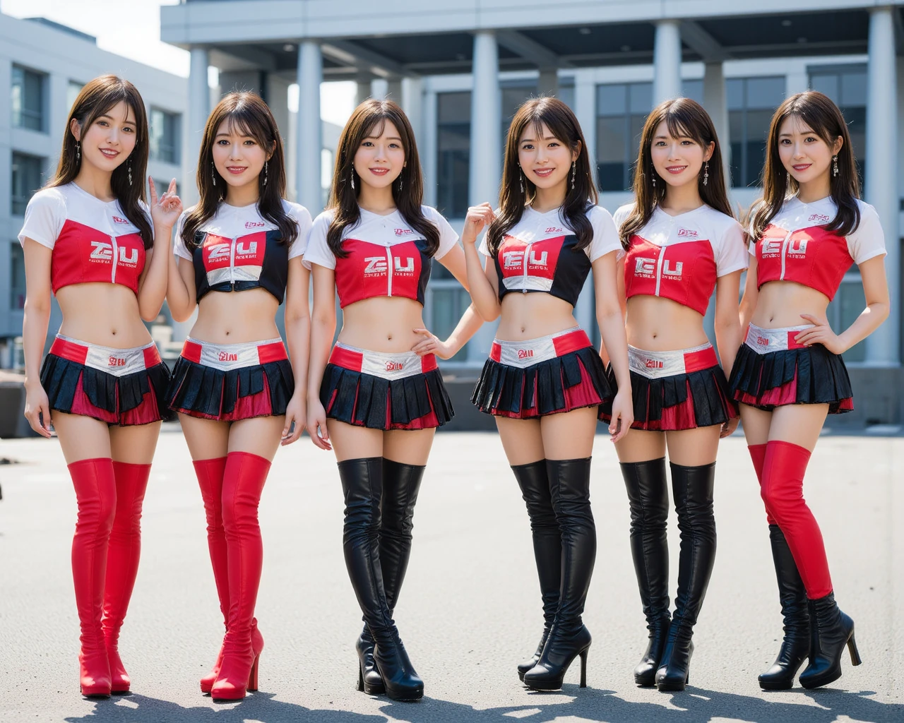 zent,<lora:jdl-flux-lora:1>,race queens,(different faces:1.2),skirt,long boots,(miniskirt:1.2),boots,long hair,(full body:3),midriff,smile,realistic,high heels,(beautiful japanese girl:1.2),race queen,slender,smiling,(dynamic_angle:1.2),ultra high res,super detail,(Detailed Skin:1.1),different poses,sponsor logo on clothing,multigirl,they all look different,different faces,<lora:Flux_race_queens:1>,, detailed skin texture, (blush:0.5), (goosebumps:0.5), subsurface scattering, RAW candid cinema, 16mm, color graded portra 400 film, remarkable color, ultra realistic, textured skin, remarkable detailed pupils, realistic dull skin noise, visible skin detail, skin fuzz, dry skin, shot with cinematic camera