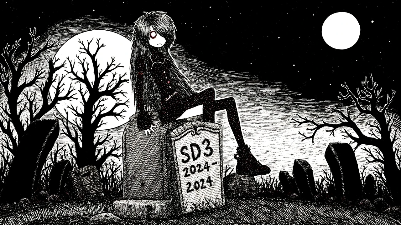 2000's emo art. A gothic woman with long black hair, a black dress, and black stockings, sitting on top of a gravestone in a graveyard at night. The gravestone says "SD3" and "2024 - 2024". Crooked black trees in the background. The pale moon is in the sky. Black and white. <lora:2000's Emo Art (Flux Dev)_epoch_10:1>