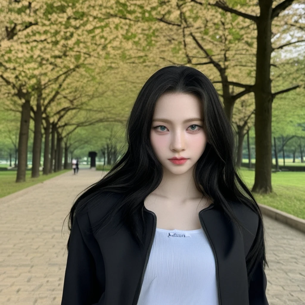 karina, (best quality, masterpiece:1.3), realistic, 1girl, solo, beautiful, (looking at viewer:1.2), beautiful expression, (upper body:1.2), portrait, (straight on), outdoors, in the park, (closed mouth:1.3), white shirt with black jacket, long hair, black hair, big breast, detailed face, detailed eyes, detailed iris, lips, highres
