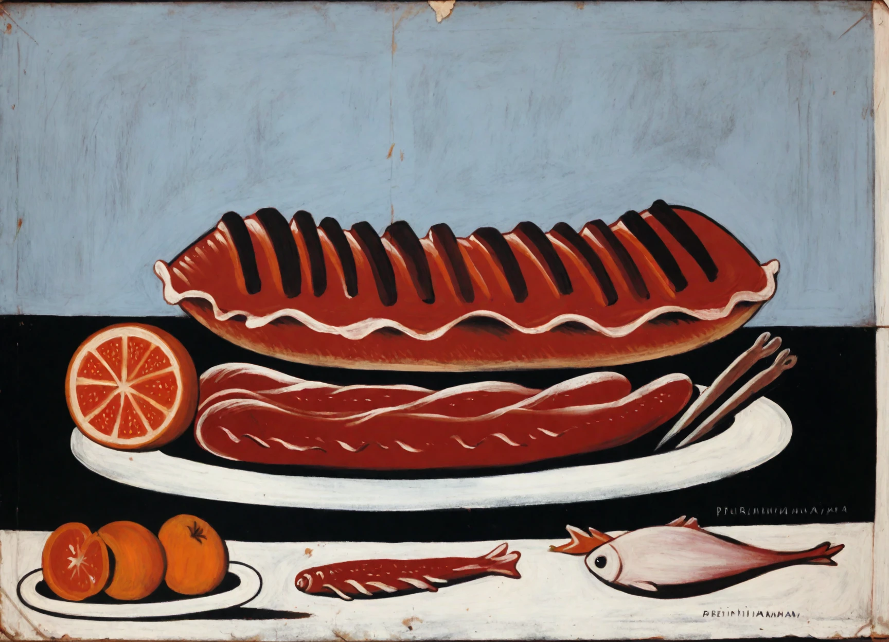 <lora:pirosmani_pony_v1:1>  ' meal ' by pirosmani niko in 1942, naïve art \(primitivism\) \(style\), still life \(genre\), food on a big table,various fruits and meat and fish, score_9, score_6_up, score_7_up