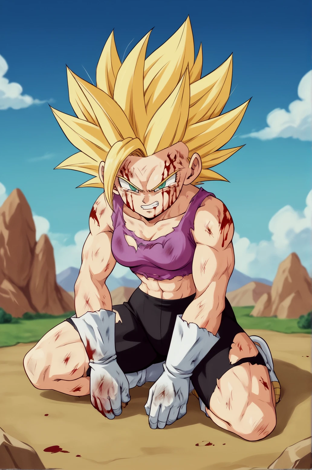 score_9, score_8_up, score_7_up,anime_source, source_anime, best background, detailed background, anime screencap,  DBZ BRA, blood, blood on face, blue sky, bruise, clenched teeth, cloud, day, facial mark, injury, muscular, scratches, sky, solo, spiked hair, super saiyan, super saiyan 1, teeth, torn clothes, horny, sexy, solo, seductive body, naughty face, full body, outdoors, <lora:JB_DBZ_BRA:0.8>