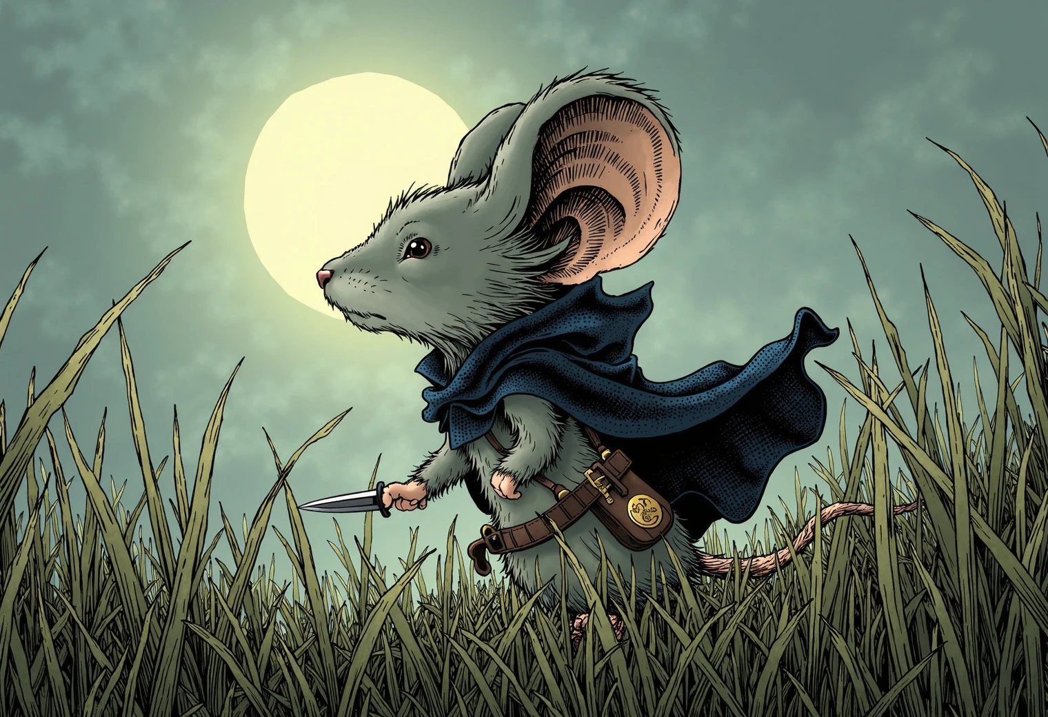 Storybook illustration style with fine line work, muted earthy tones, detailed textures, stylized characters, and soft atmospheric shading, a female grey mouseguard mouse, wearing a rogue's dark cloak, sneaking through tall blades of grass in a moonlit field, with a needle-sized dagger and a thimble-sized coin pouch hanging from their side.
