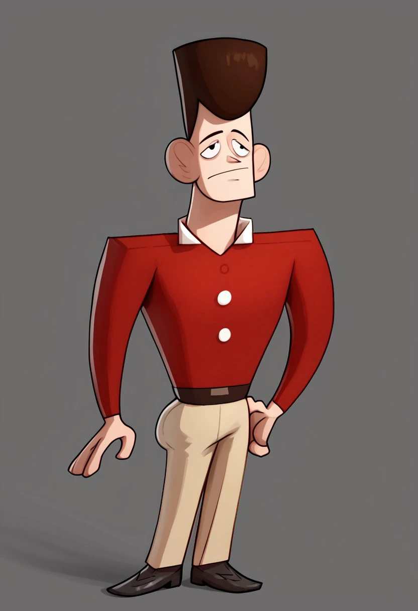 score_9, score_8_up, score_7_up, score_6_up, score_5_up, score_4_up, 
1boy, JFK, Disney, \(Clone High\)/,cartoon, Black eyes, full brown hair, pale skin, muscular physique, slanted eyes, arc-shaped eyes, tall,
polo shirt, red shirt, white stripe, long sleeve, tight pants, khaki pants, brown loafers, shoes, white socks.
looking at viewer, hand on own hip, cowboy shot, simple background,